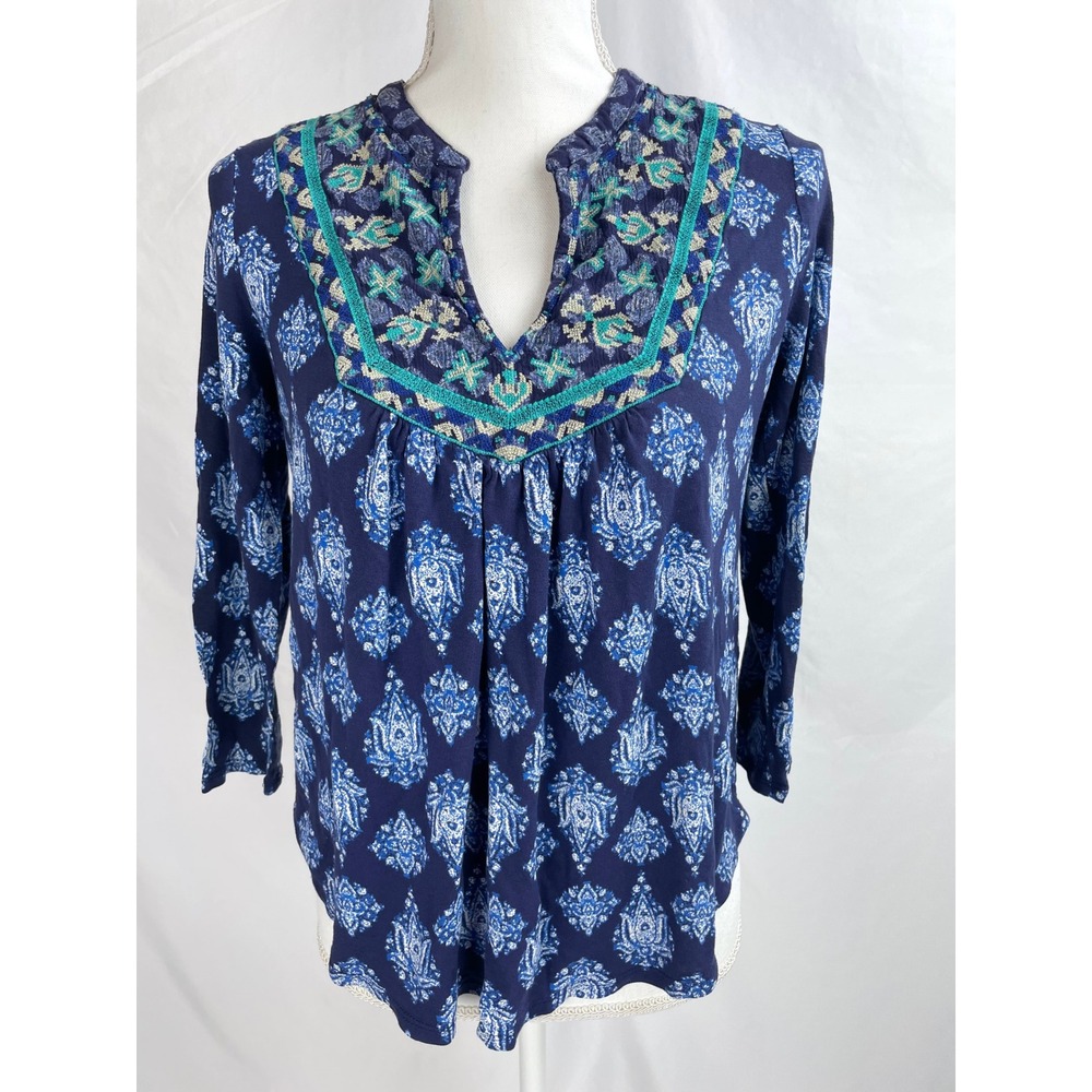Lucky Brand Shirt Women SMALL Blue White Embroidered Split Neck Boho Peasant